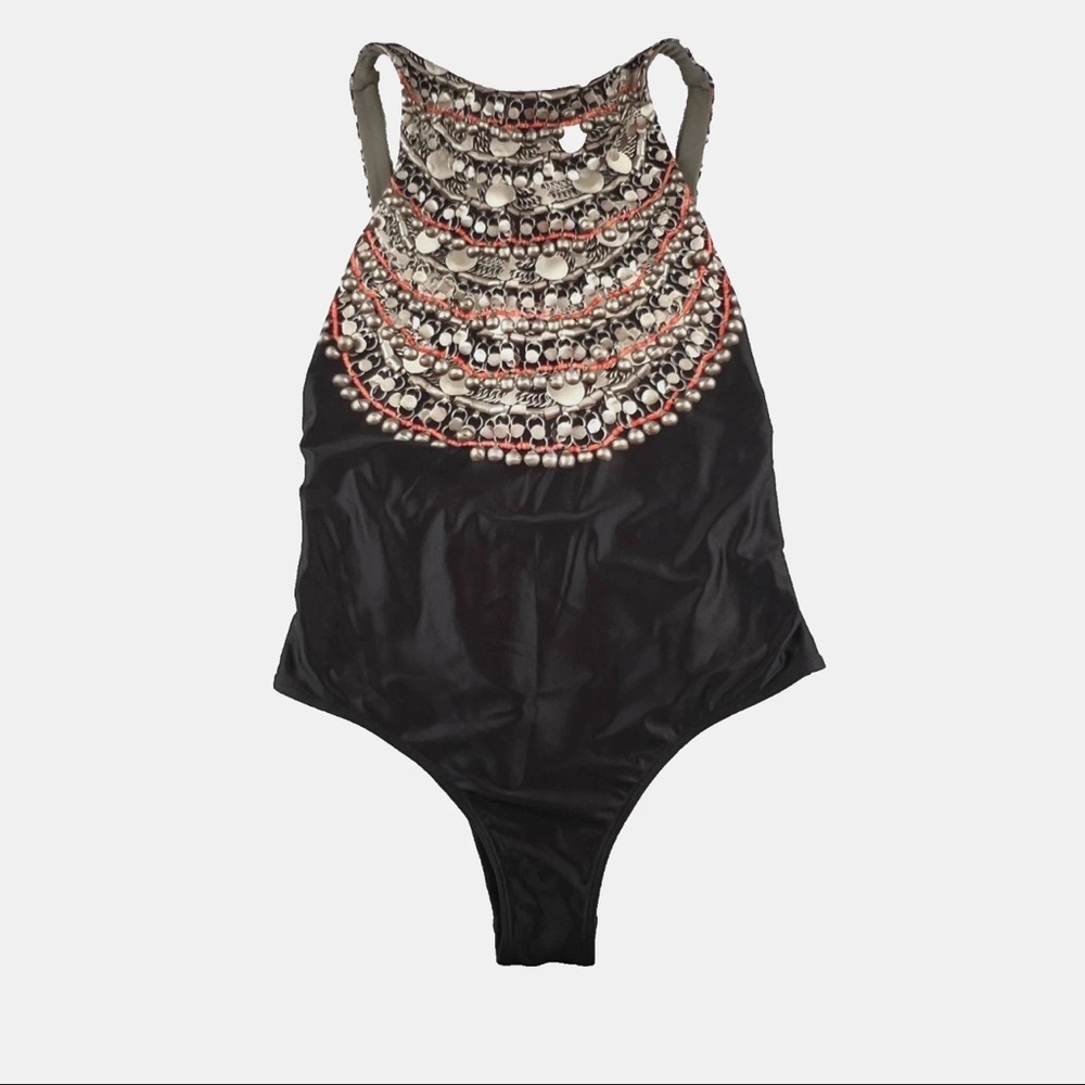 Mara Hoffman Black and Red Patterned Kids Bodysuit